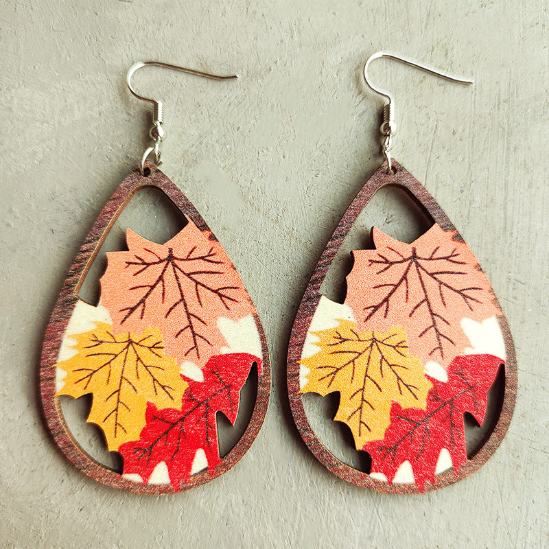 Wholesale 2pairs/pack Wooden Thanksgiving Colorful Maple Leaf Sunflower Earrings